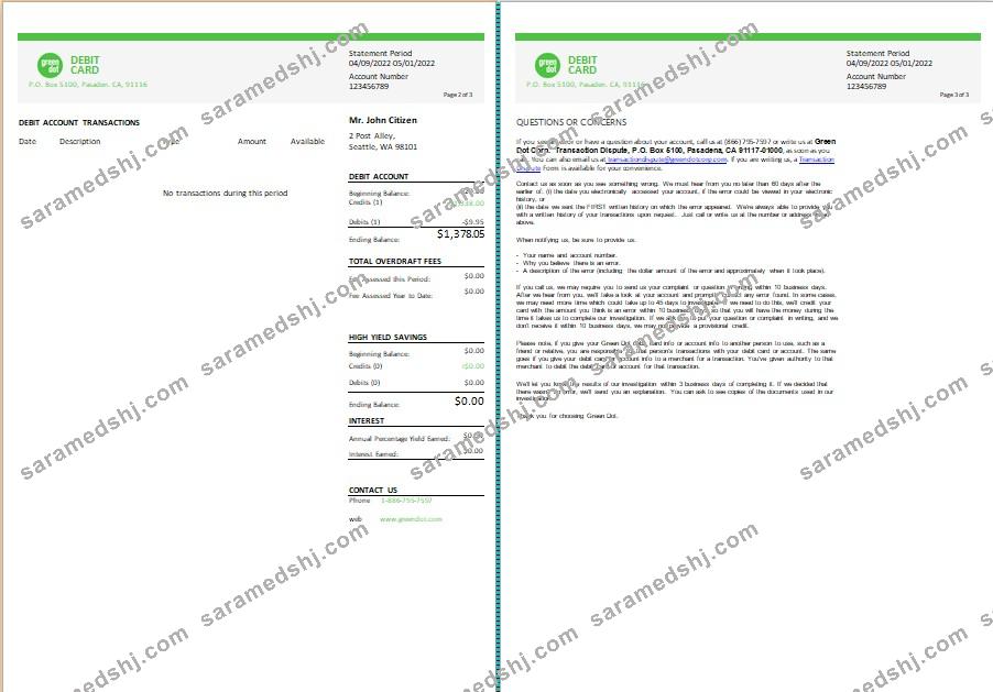 USA Green Dot bank statement Word and PDF template, 3 pages